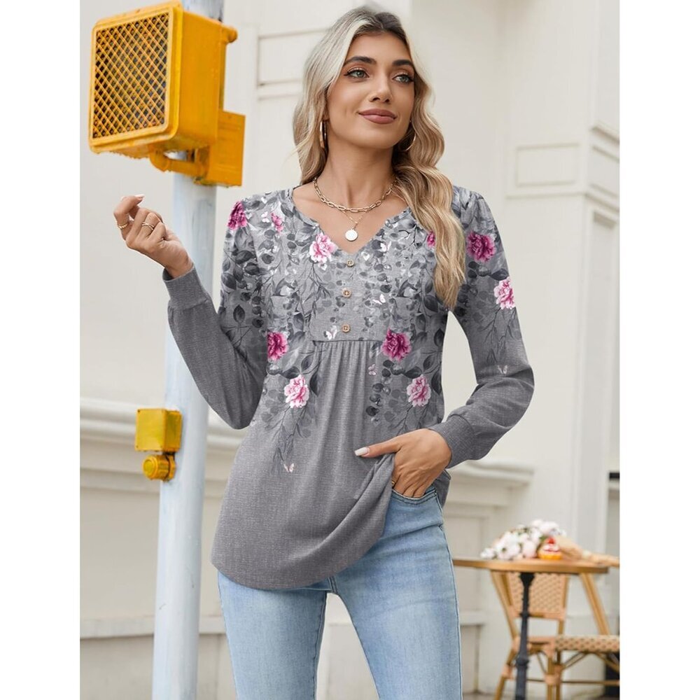 Floral V-Neck Long Sleeve Tee - Gray with Pink Floral - Picture 5 of 6